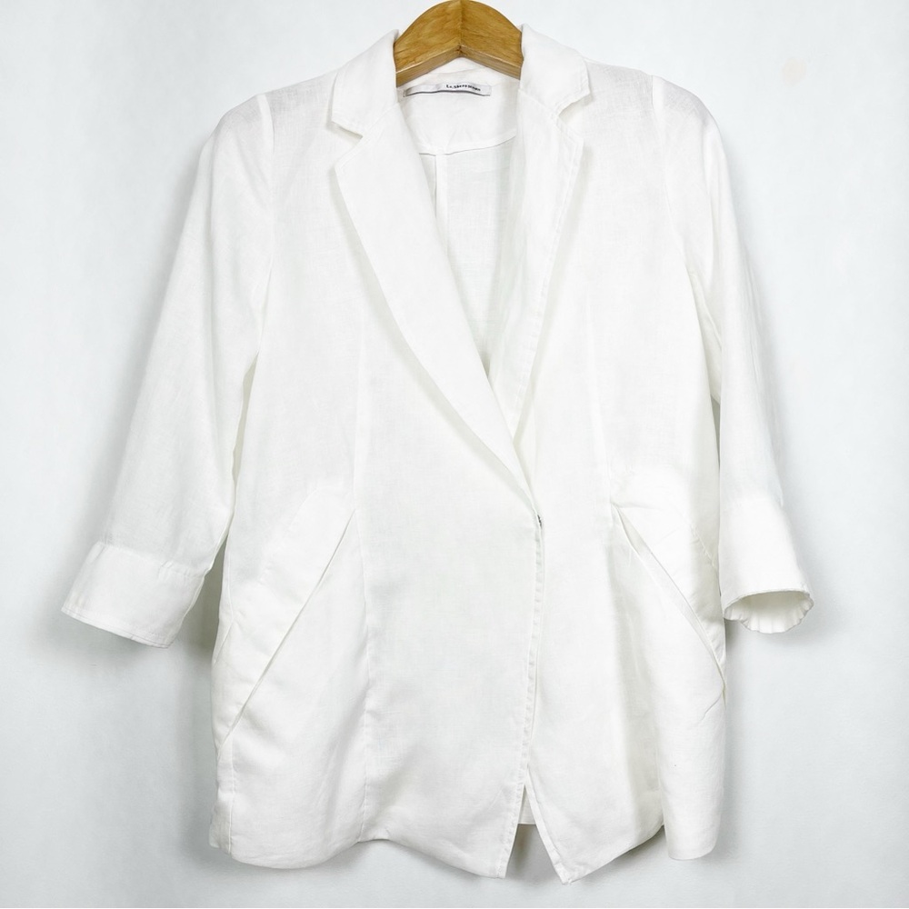 Le Shero Women’s Open White‎ Pure Linen Long Blazer Jacket Size Medium Pockets